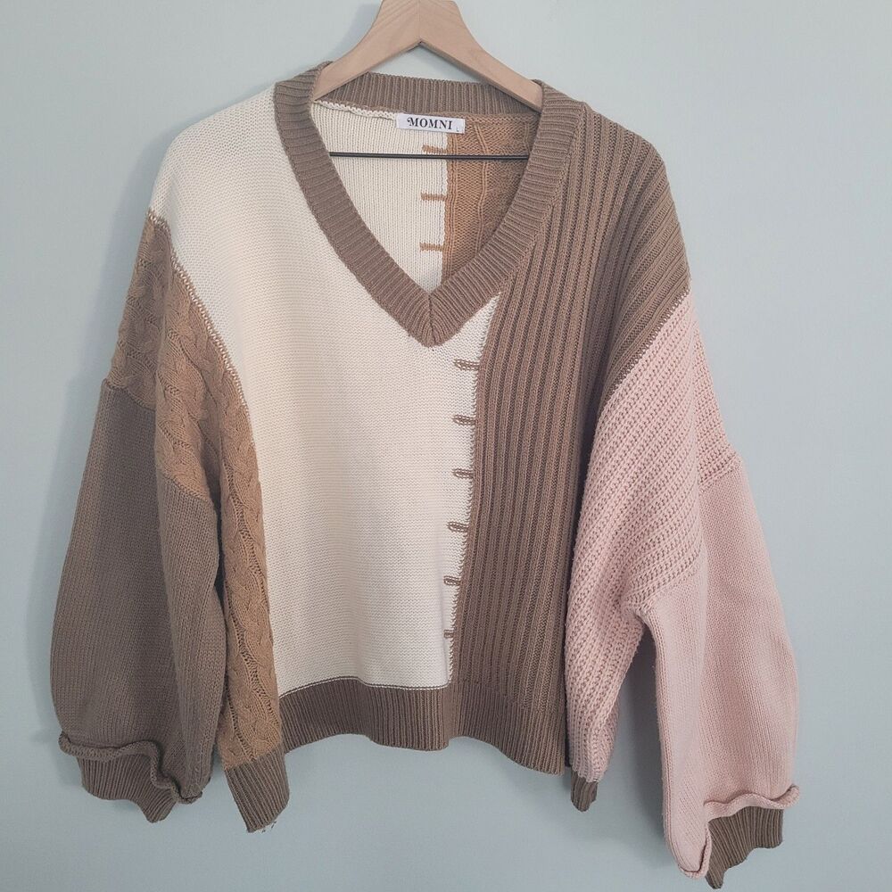 Momni Sweater Womens Large Brown Pink 3/4 Balloon Sleeve